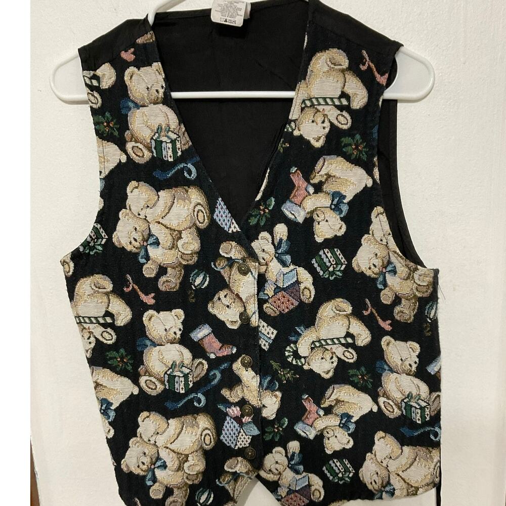 VTG 90s Bobbie Brooks Teddy Bear Christmas Vest Back Tie Medium Button Front - Picture 3 of 5